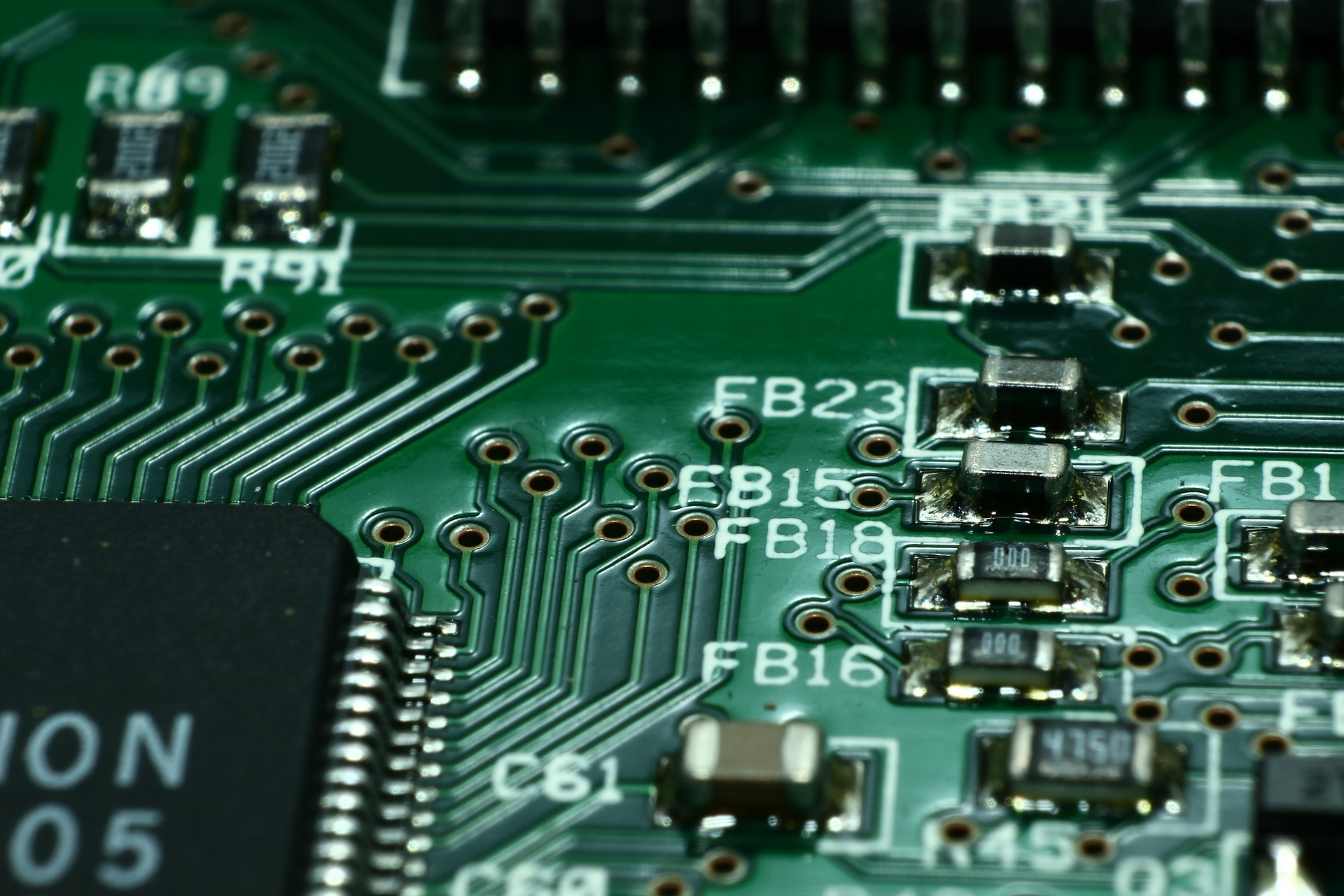 Close-up of a printed circuit board used for RF and embedded systems engineering